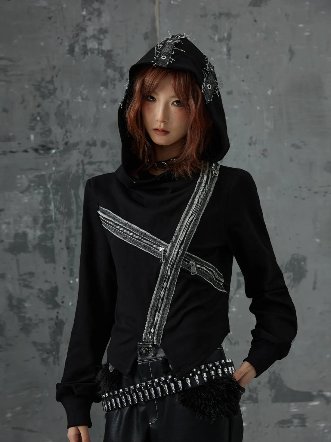 Frustration Garden Dark Punk Cross Hooded Knit Top