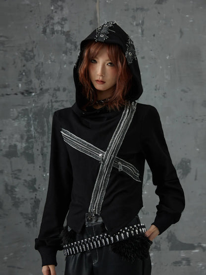 Frustration Garden Dark Punk Cross Hooded Knit Top