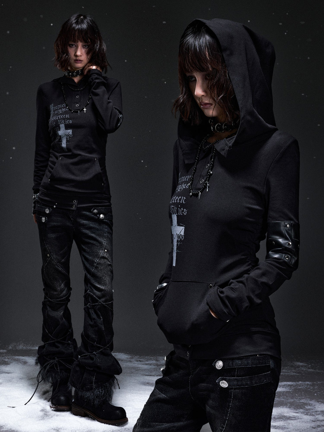 Frustration Garden Dark Punk Cross Print Hooded Rivet Women&