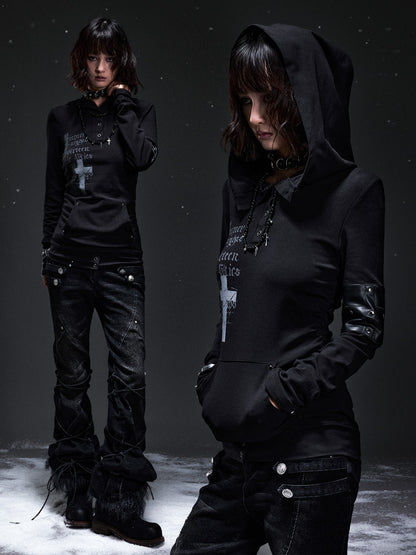 Frustration Garden Dark Punk Cross Print Hooded Rivet Women&