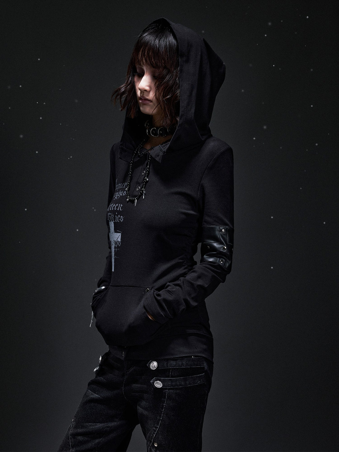 Frustration Garden Dark Punk Cross Print Hooded Rivet Women&