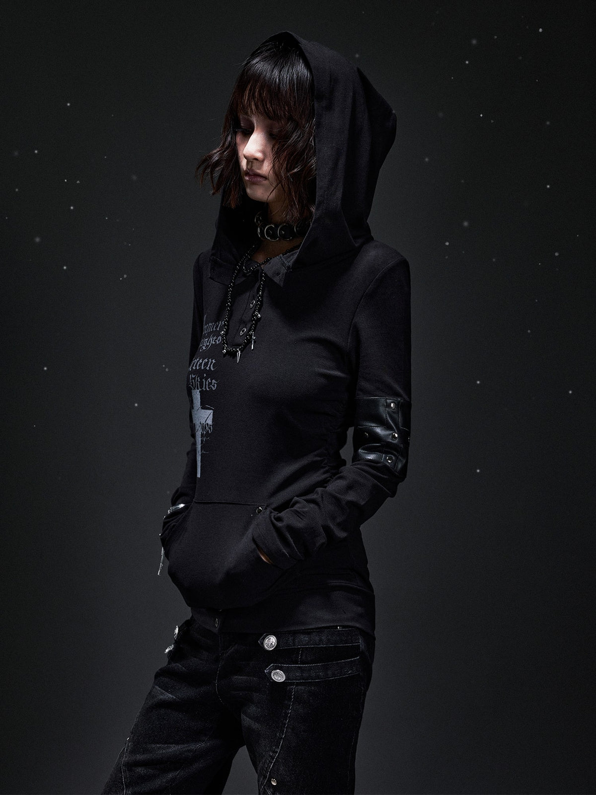Frustration Garden Dark Punk Cross Print Hooded Rivet Women&