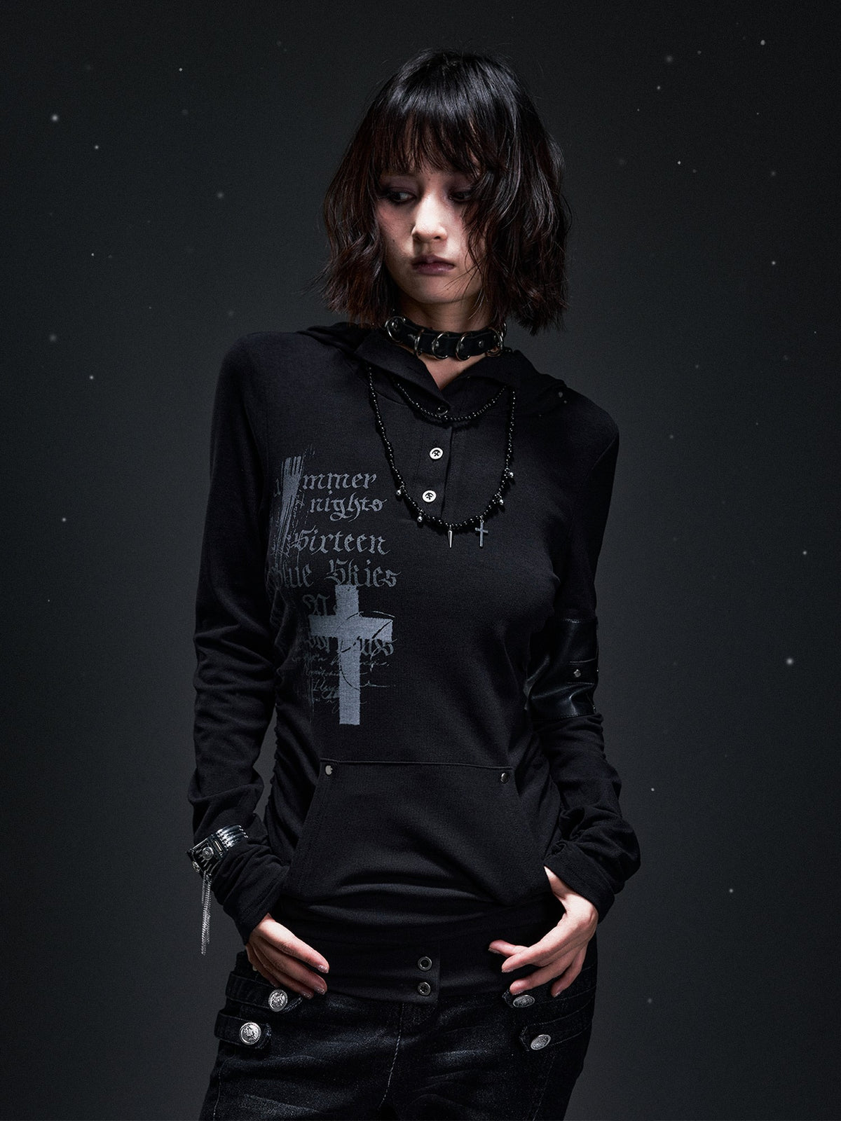 Frustration Garden Dark Punk Cross Print Hooded Rivet Women&