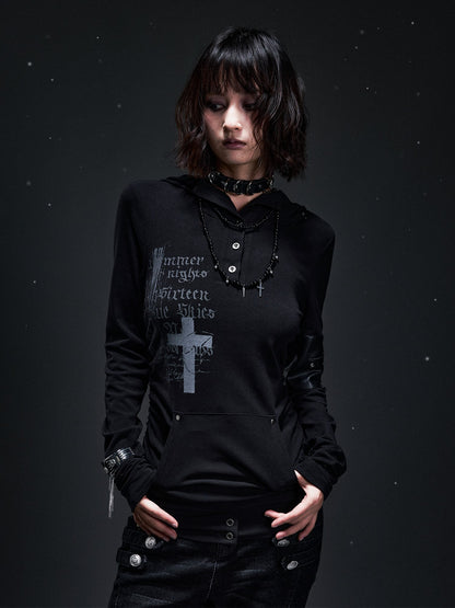 Frustration Garden Dark Punk Cross Print Hooded Rivet Women&