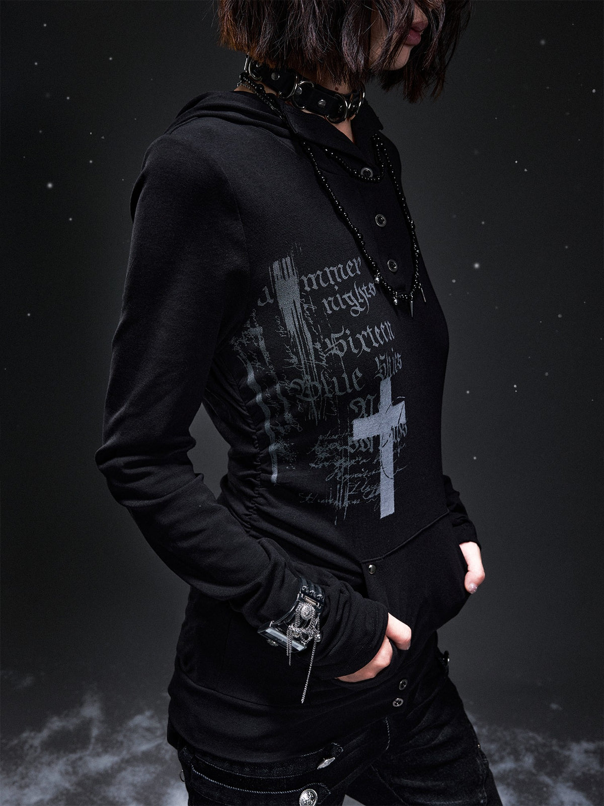Frustration Garden Dark Punk Cross Print Hooded Rivet Women&
