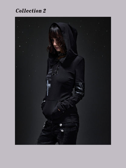 Frustration Garden Dark Punk Cross Print Hooded Rivet Women&