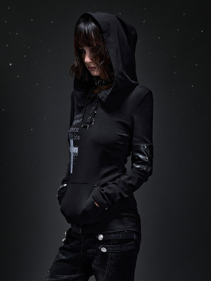 Frustration Garden Dark Punk Cross Print Hooded Rivet Women&