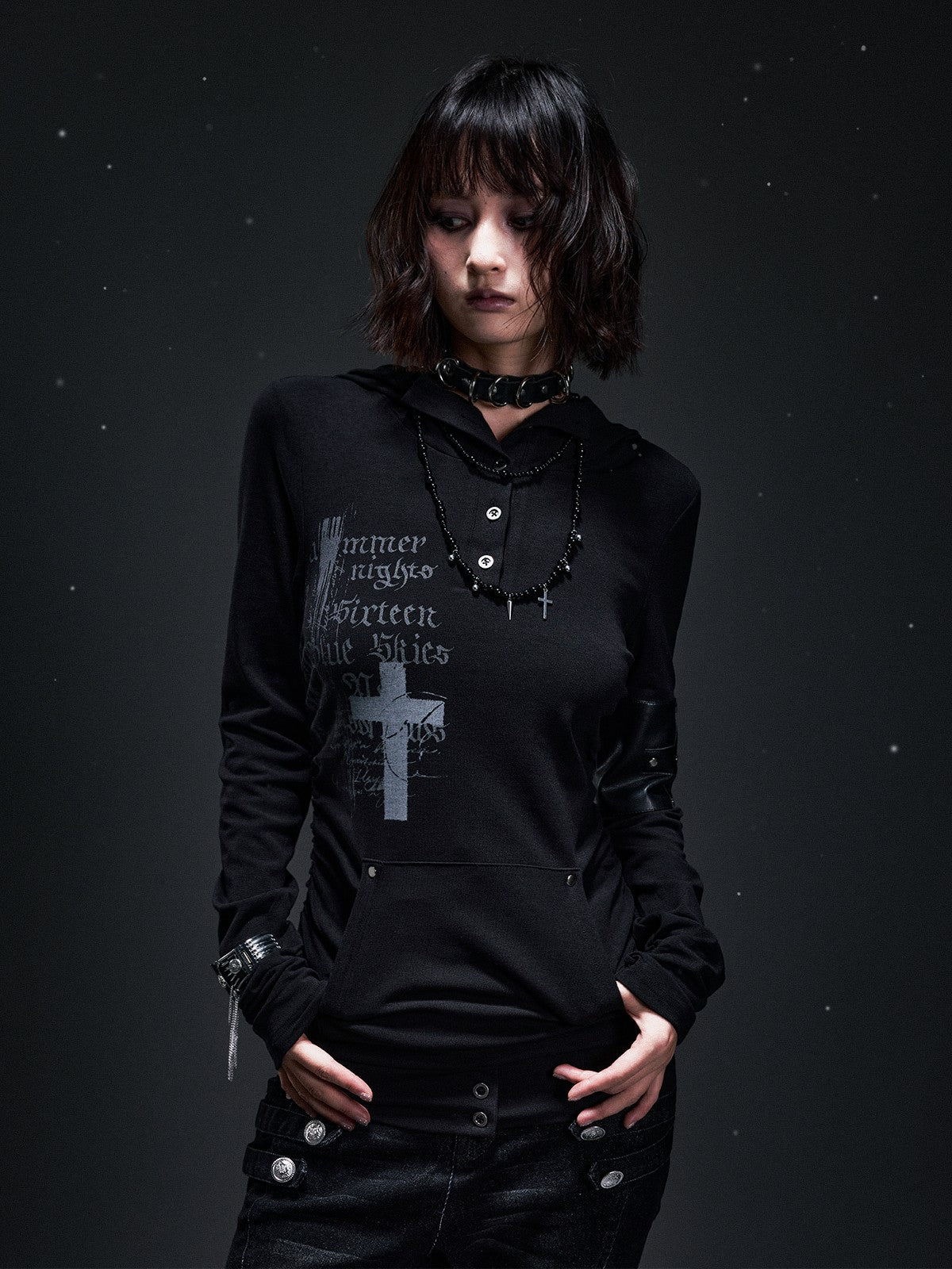 Frustration Garden Dark Punk Cross Print Hooded Rivet Women&