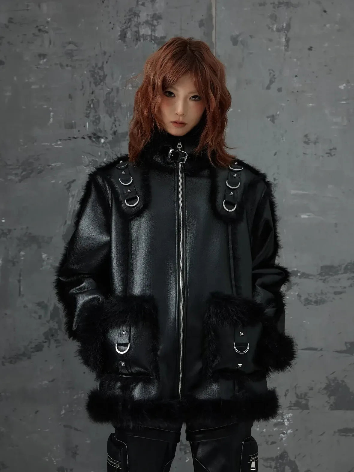 Frustration Garden Dark Punk Fur Trimmed Leather Jacket