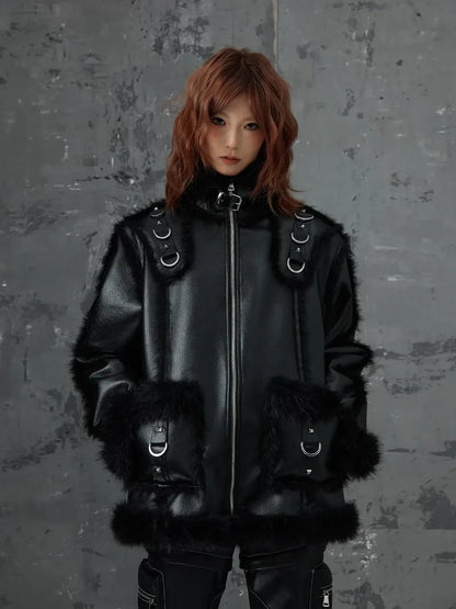 Frustration Garden Dark Punk Fur Trimmed Leather Jacket