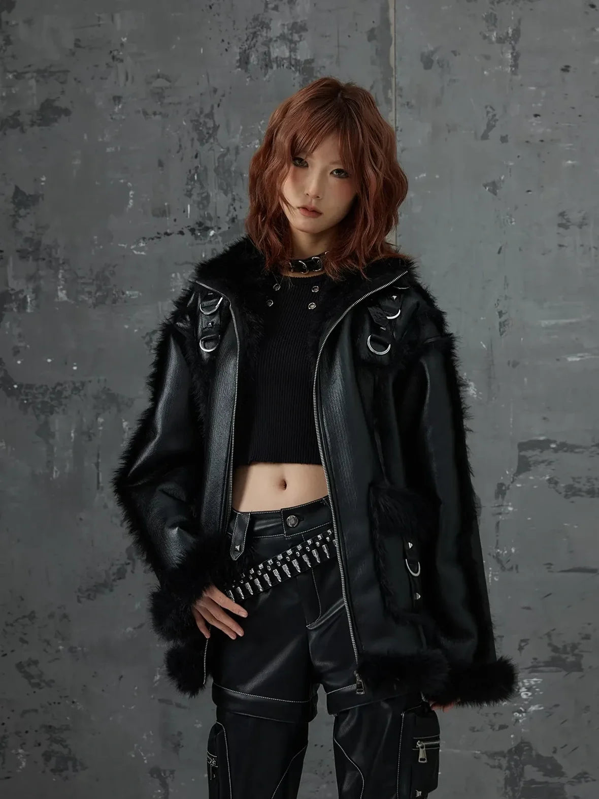 Frustration Garden Dark Punk Fur Trimmed Leather Jacket