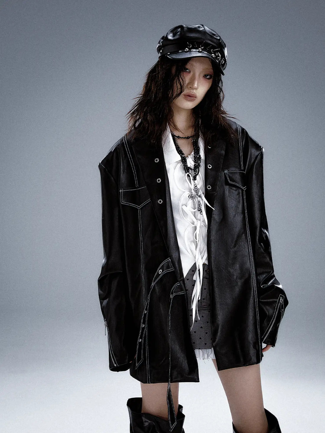 Frustration Garden Dark Punk Metal Trim Leather Blazer