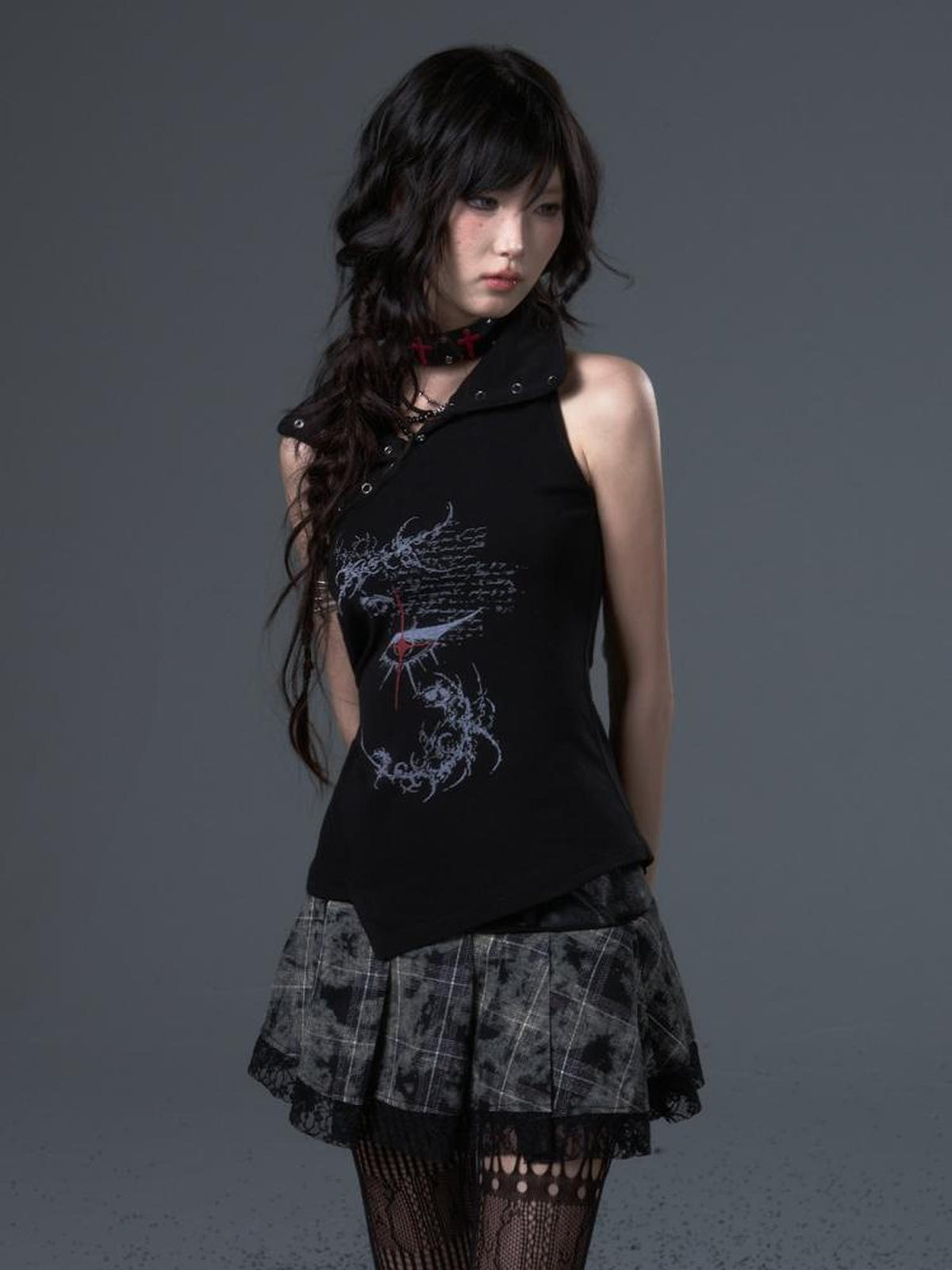 Frustration Garden Dark Punk Print Ruched Asymmetric High Neck Foldover Cotton Women&