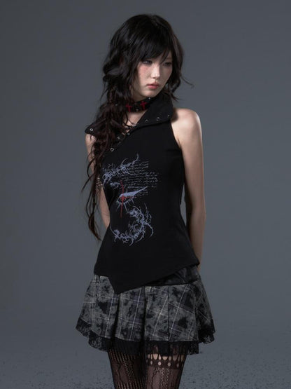 Frustration Garden Dark Punk Print Ruched Asymmetric High Neck Foldover Cotton Women&
