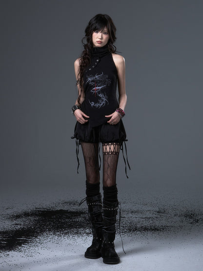 Frustration Garden Dark Punk Print Ruched Asymmetric High Neck Foldover Cotton Women&