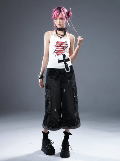 Frustration Garden Deconstructed Punk Raw Edge Cropped Cargo Jeans