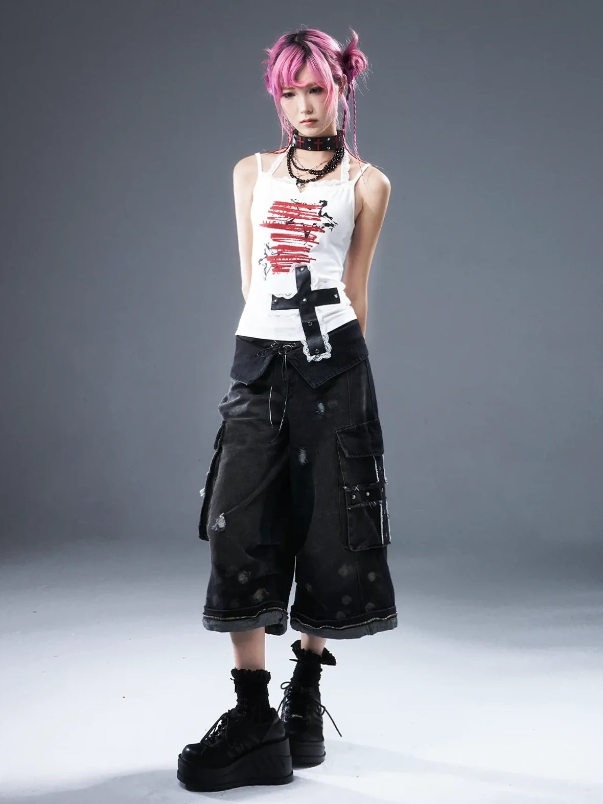 Frustration Garden Deconstructed Punk Raw Edge Cropped Cargo Jeans