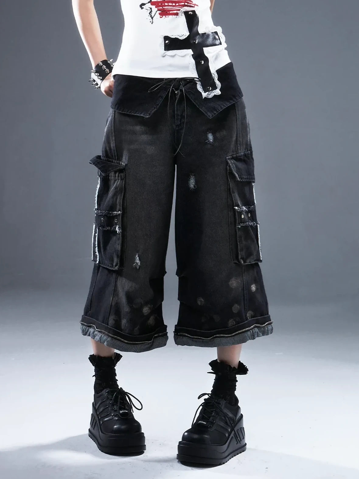 Frustration Garden Deconstructed Punk Raw Edge Cropped Cargo Jeans