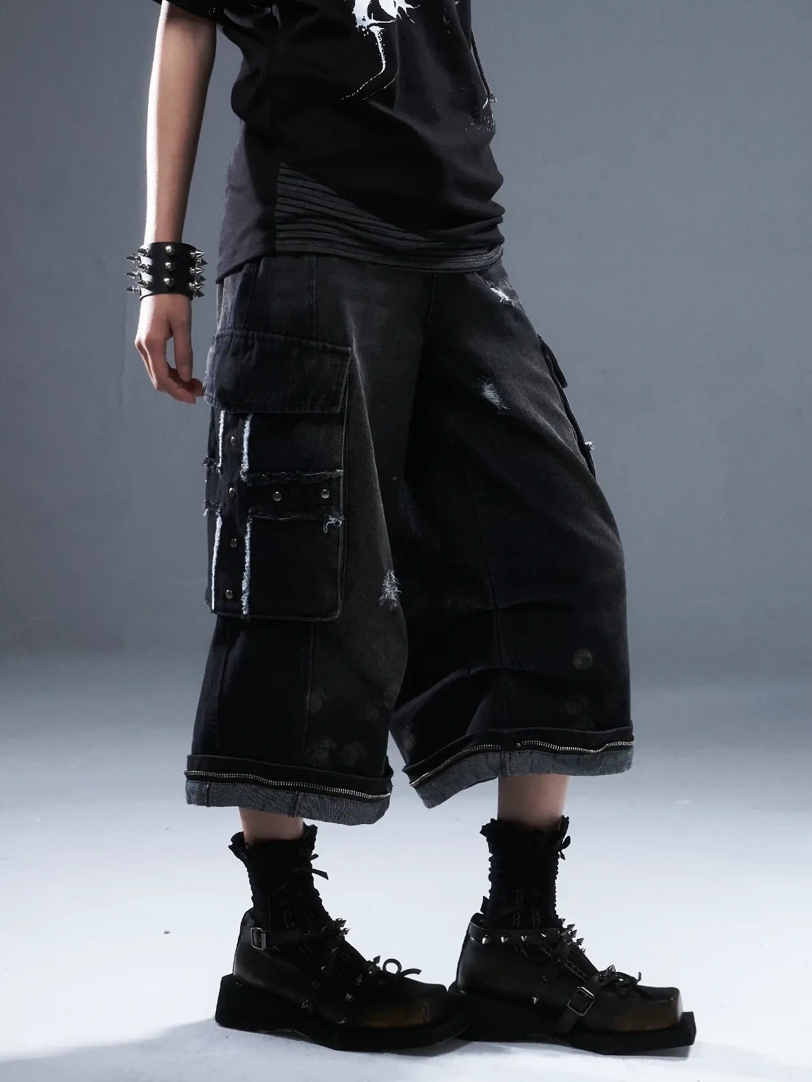 Frustration Garden Deconstructed Punk Raw Edge Cropped Cargo Jeans