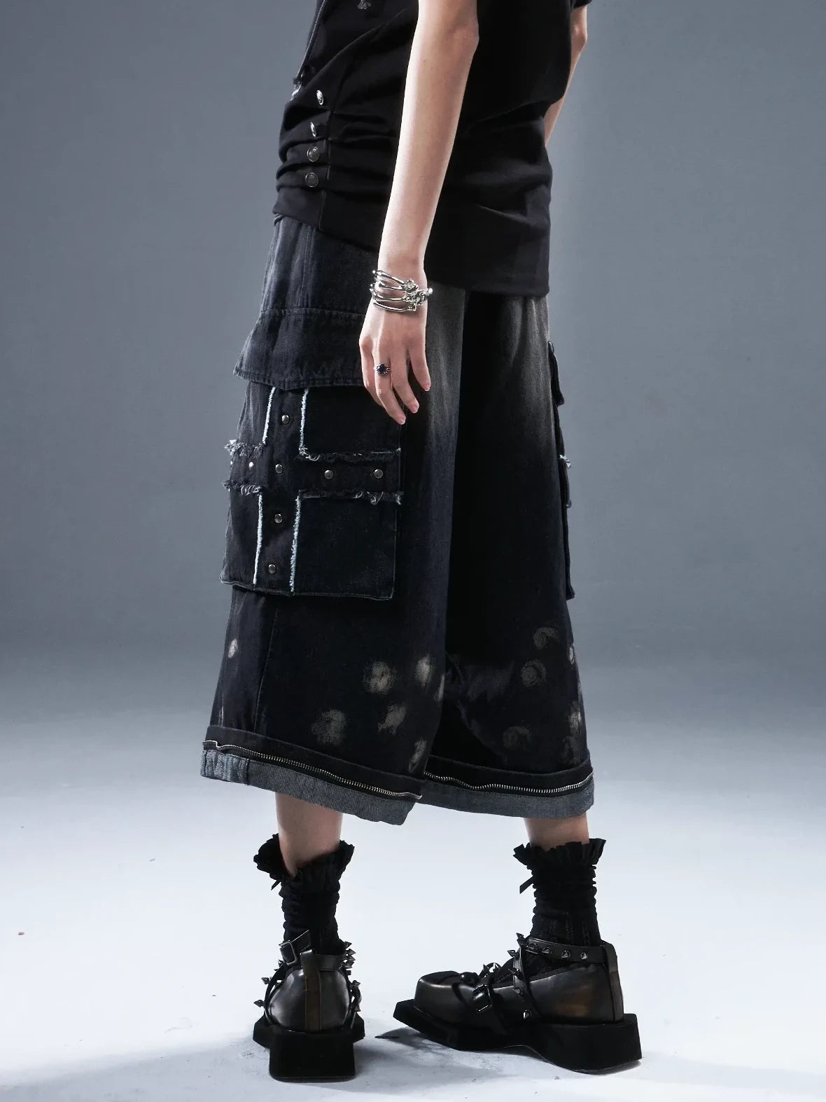 Frustration Garden Deconstructed Punk Raw Edge Cropped Cargo Jeans