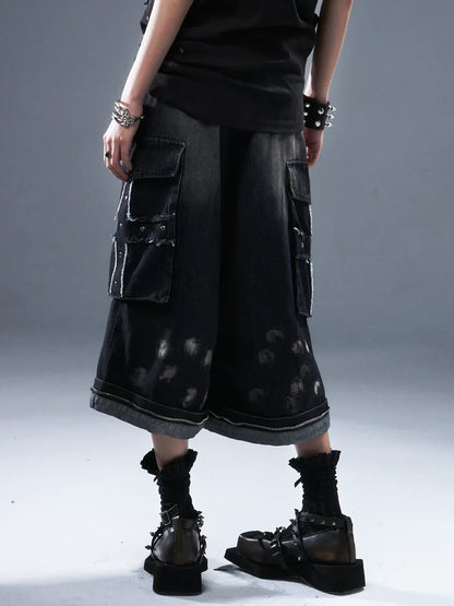 Frustration Garden Deconstructed Punk Raw Edge Cropped Cargo Jeans