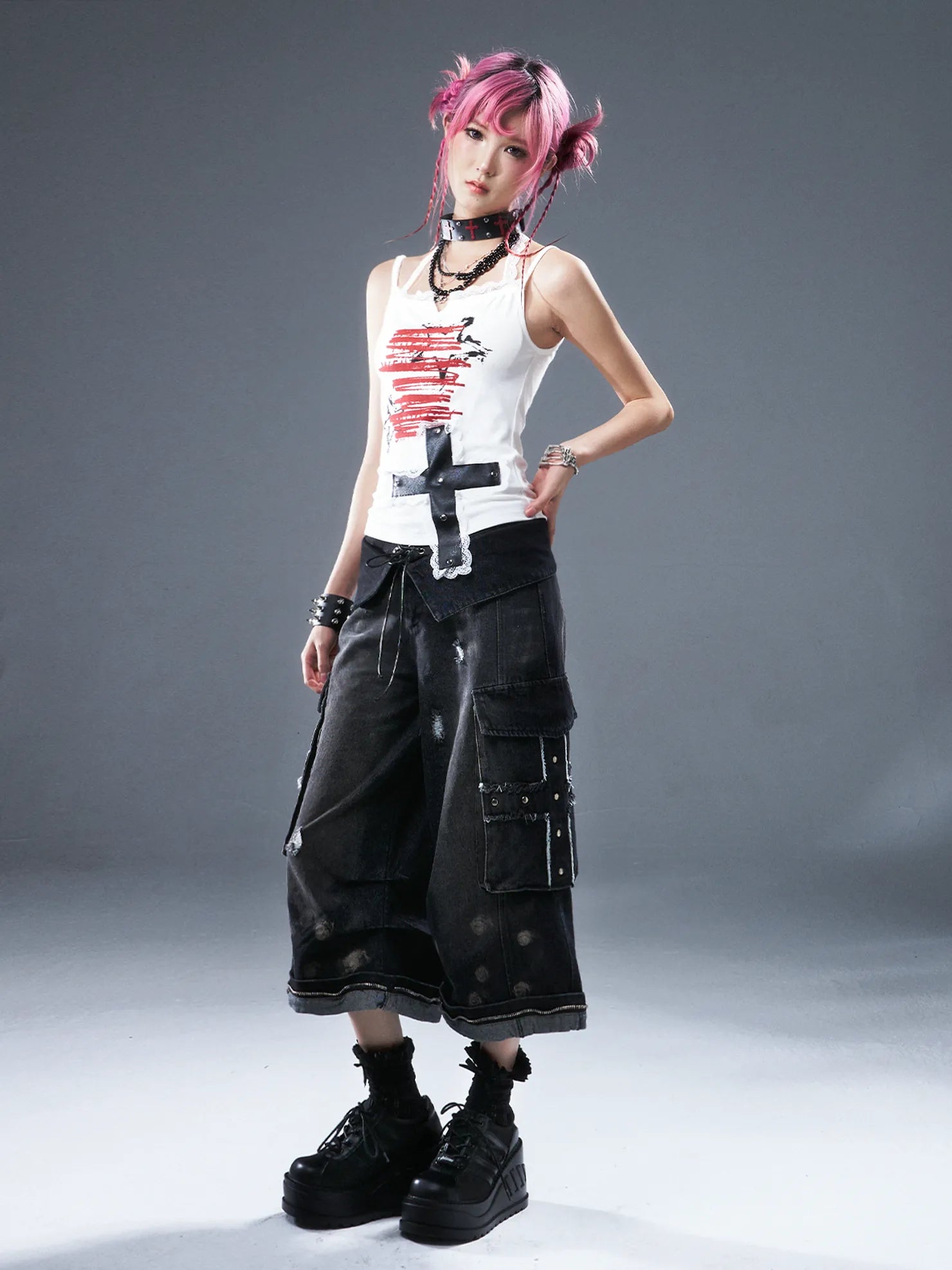 Frustration Garden Deconstructed Punk Raw Edge Cropped Cargo Jeans