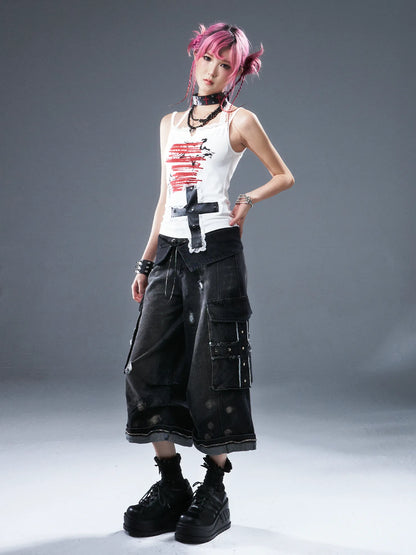 Frustration Garden Deconstructed Punk Raw Edge Cropped Cargo Jeans