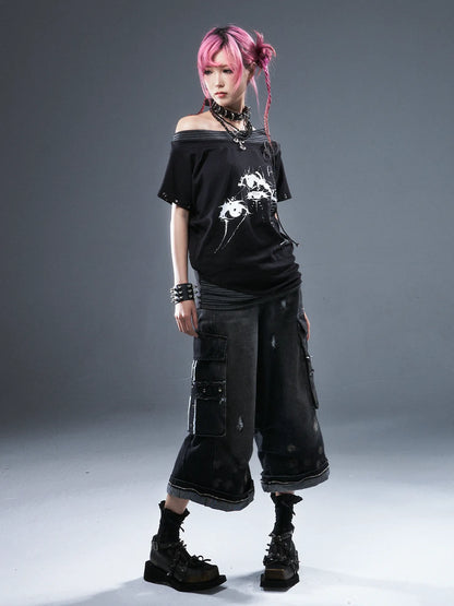 Frustration Garden Deconstructed Punk Raw Edge Cropped Cargo Jeans