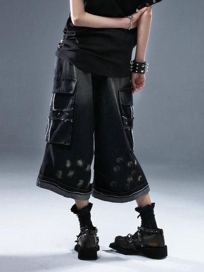 Frustration Garden Deconstructed Punk Raw Edge Cropped Cargo Jeans