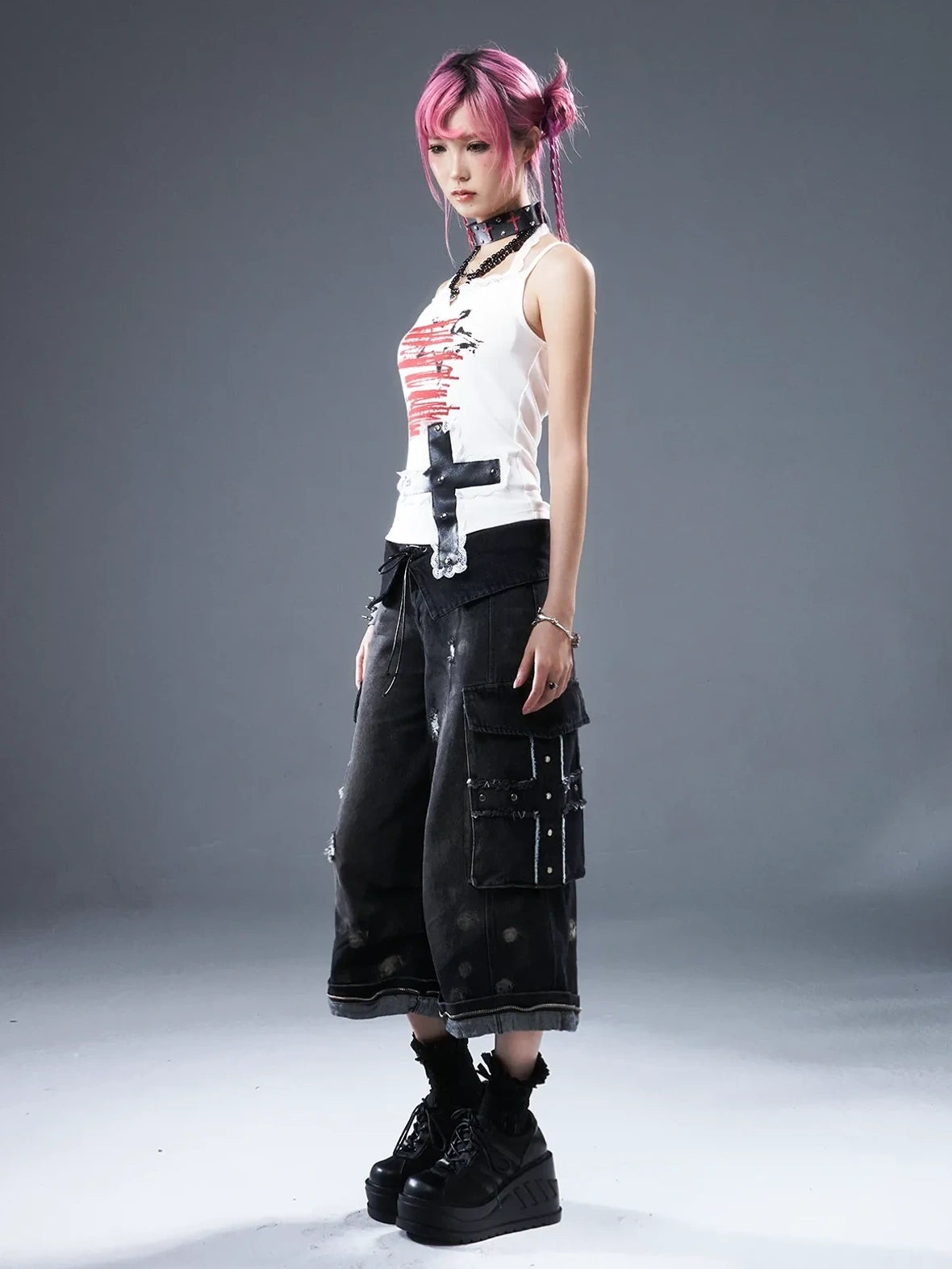 Frustration Garden Deconstructed Punk Raw Edge Cropped Cargo Jeans