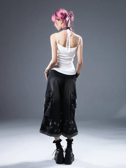 Frustration Garden Deconstructed Punk Raw Edge Cropped Cargo Jeans