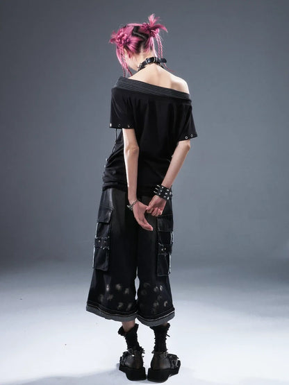 Frustration Garden Deconstructed Punk Raw Edge Cropped Cargo Jeans