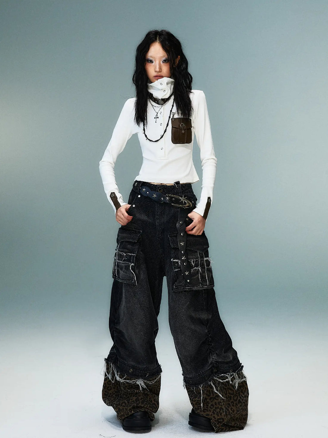 Frustration Garden Detachable Leopard Wash Baggy Jeans