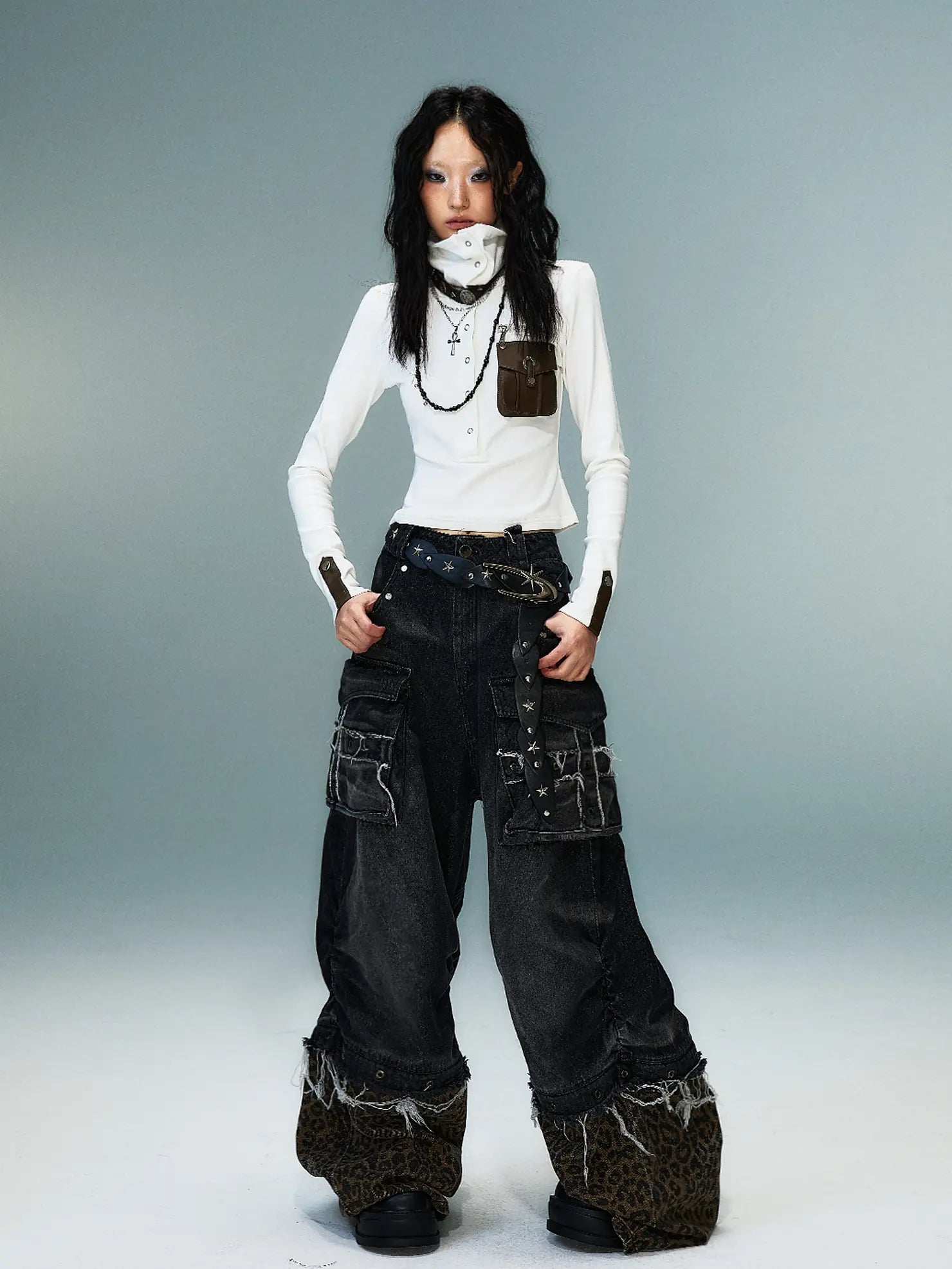 Frustration Garden Detachable Leopard Wash Baggy Jeans