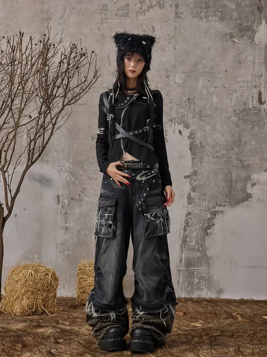 Frustration Garden Detachable Leopard Wash Baggy Jeans