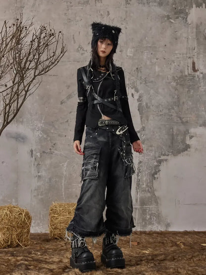 Frustration Garden Detachable Leopard Wash Baggy Jeans