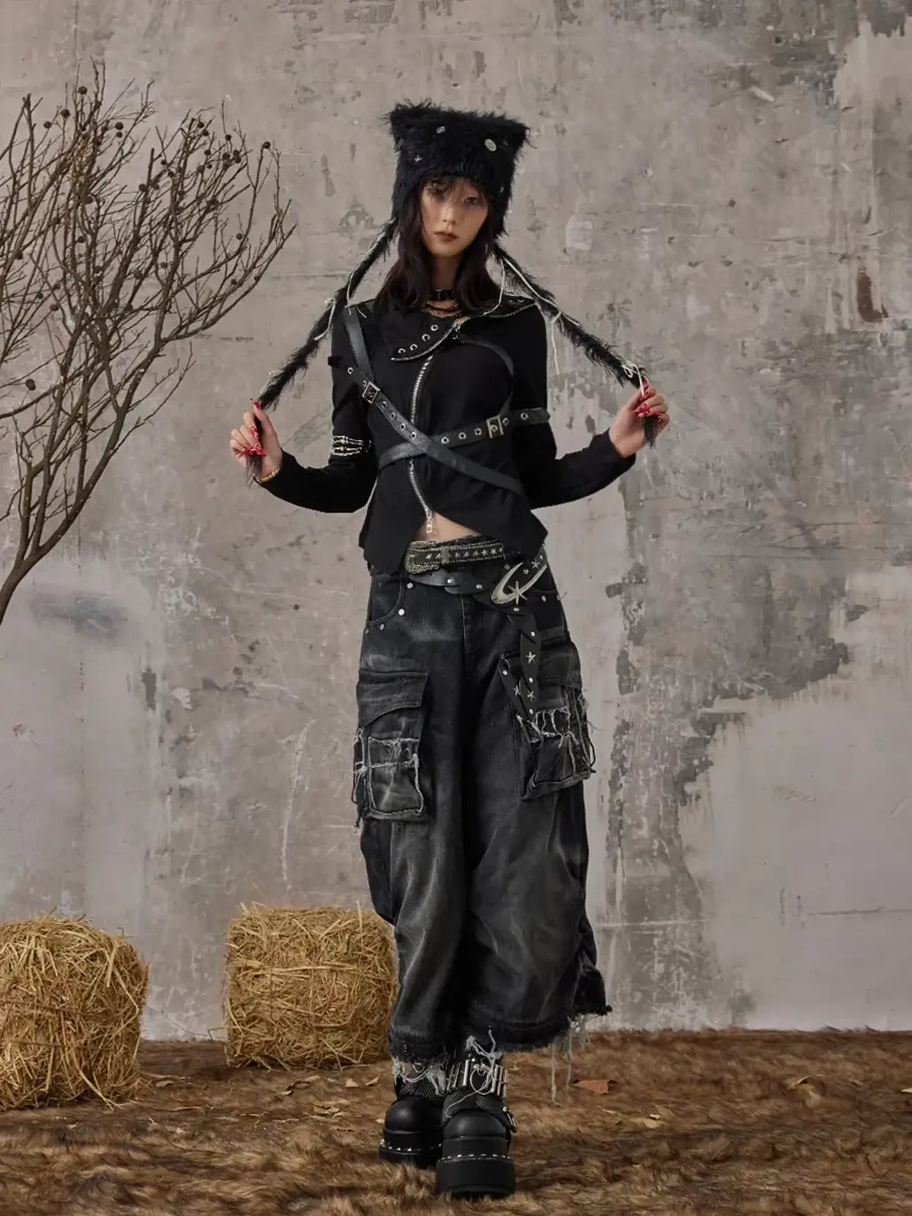 Frustration Garden Detachable Leopard Wash Baggy Jeans