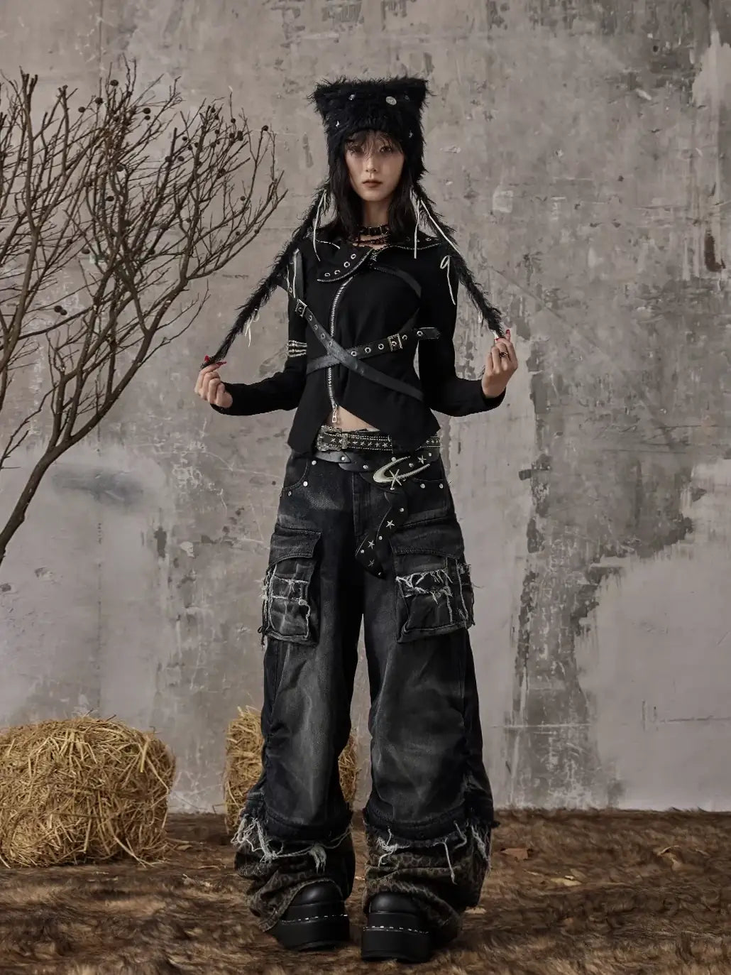 Frustration Garden Detachable Leopard Wash Baggy Jeans