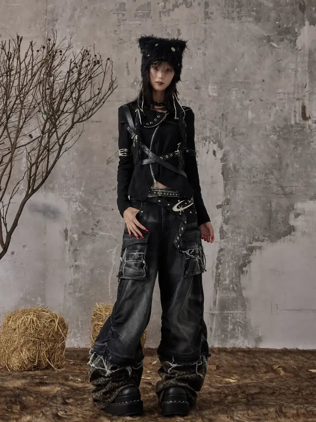 Frustration Garden Detachable Leopard Wash Baggy Jeans