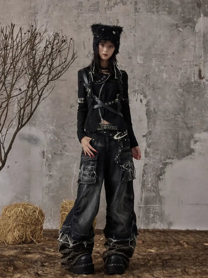 Frustration Garden Detachable Leopard Wash Baggy Jeans