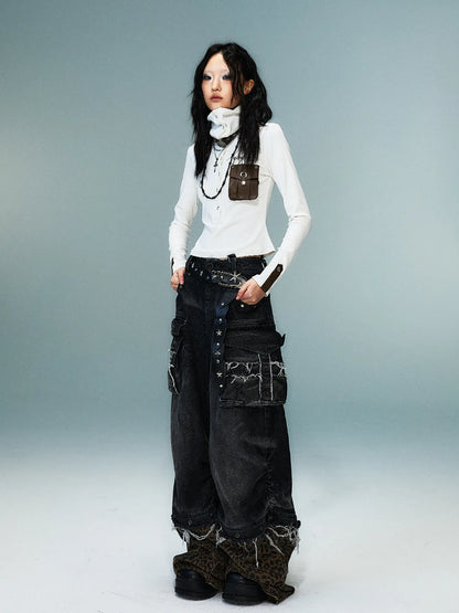 Frustration Garden Detachable Leopard Wash Baggy Jeans