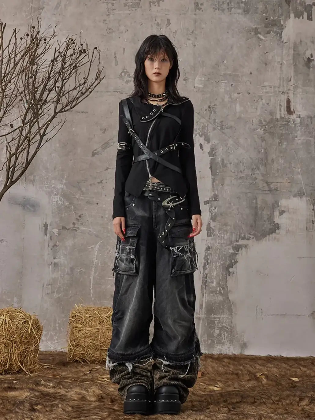 Frustration Garden Detachable Leopard Wash Baggy Jeans