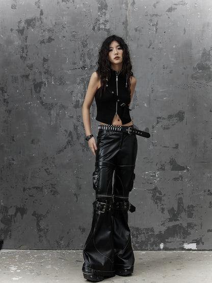 Frustration Garden Detachable Metal Punk Flared Leather Pants