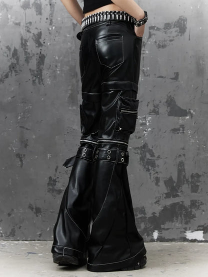 Frustration Garden Detachable Metal Punk Flared Leather Pants