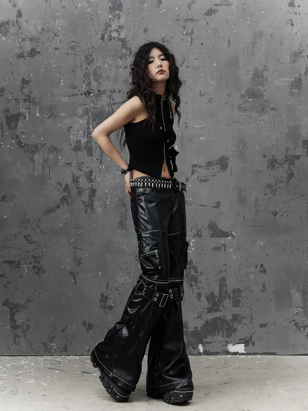 Frustration Garden Detachable Metal Punk Flared Leather Pants