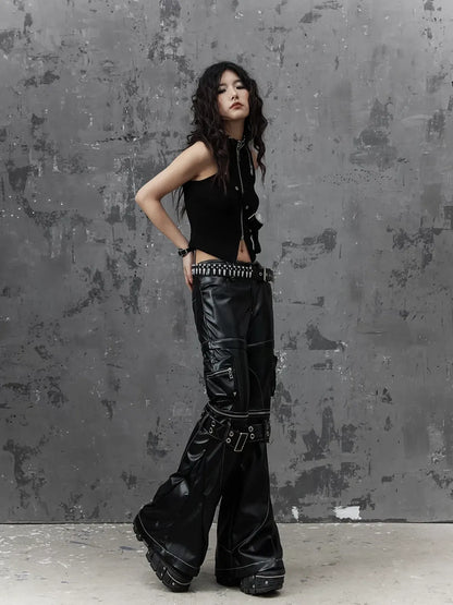 Frustration Garden Detachable Metal Punk Flared Leather Pants