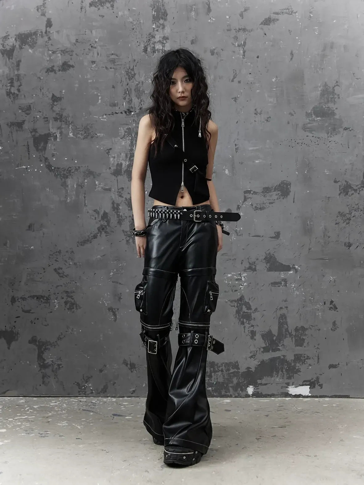 Frustration Garden Detachable Metal Punk Flared Leather Pants