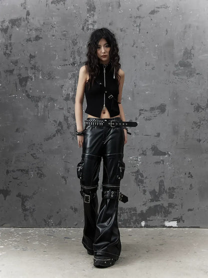 Frustration Garden Detachable Metal Punk Flared Leather Pants