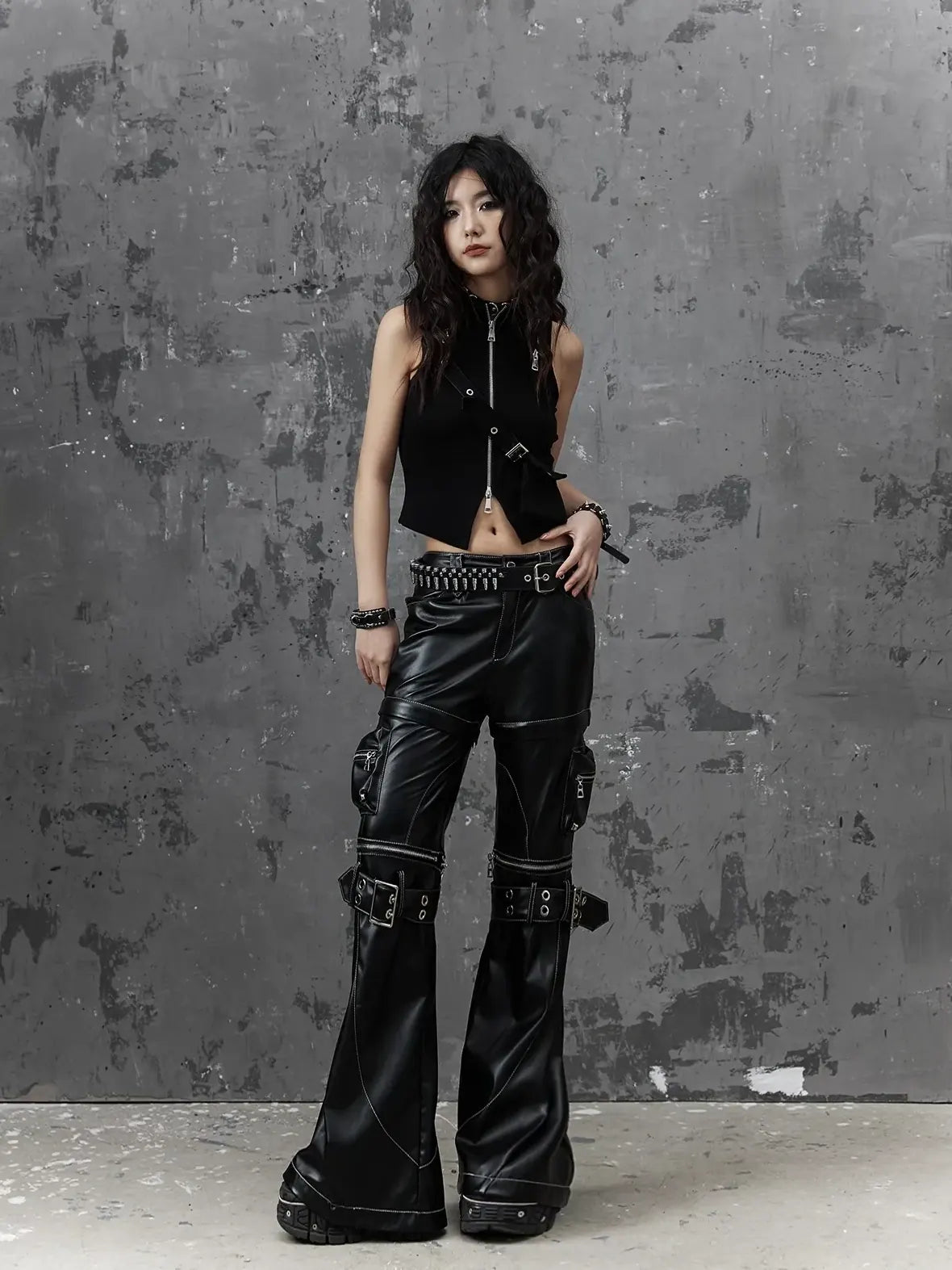 Frustration Garden Detachable Metal Punk Flared Leather Pants