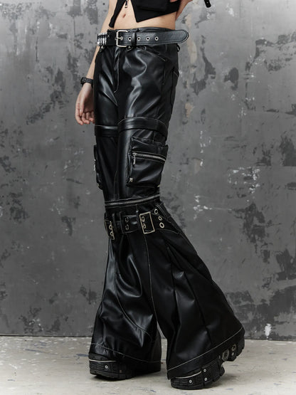 Frustration Garden Detachable Metal Punk Flared Leather Pants